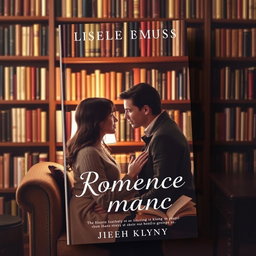 A simple yet romantic book cover design featuring a couple in a cozy library, making eye-to-eye contact