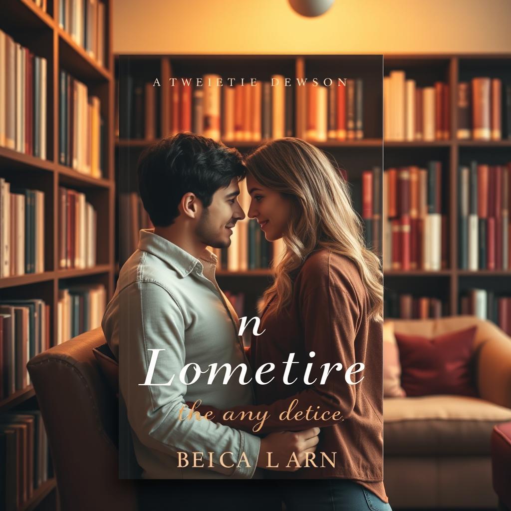 A simple yet romantic book cover design featuring a couple in a cozy library, making eye-to-eye contact
