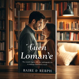A simple yet romantic book cover design featuring a couple in a cozy library, making eye-to-eye contact