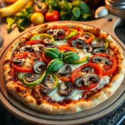 An appetizing pizza topped with a colorful array of green capsicum (bell pepper), succulent tomatoes, and fresh mushrooms