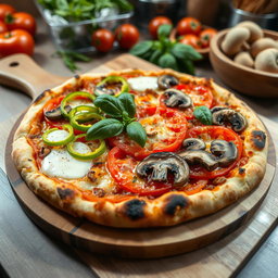 An appetizing pizza topped with a colorful array of green capsicum (bell pepper), succulent tomatoes, and fresh mushrooms