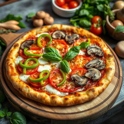 An appetizing pizza topped with a colorful array of green capsicum (bell pepper), succulent tomatoes, and fresh mushrooms