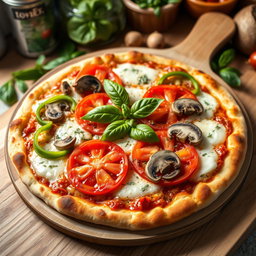 An appetizing pizza topped with a colorful array of green capsicum (bell pepper), succulent tomatoes, and fresh mushrooms