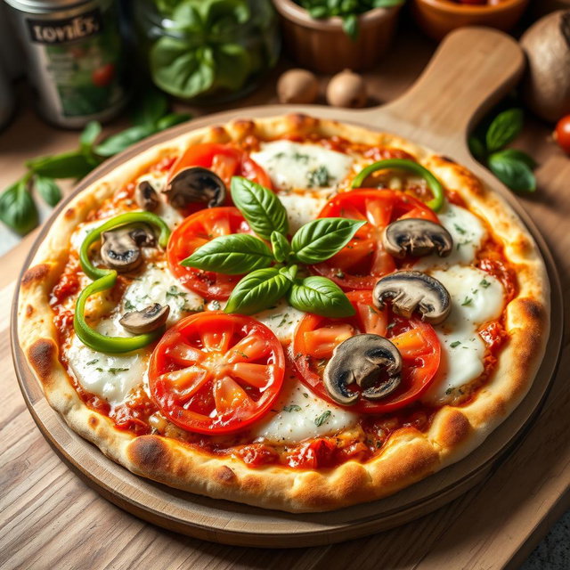 An appetizing pizza topped with a colorful array of green capsicum (bell pepper), succulent tomatoes, and fresh mushrooms