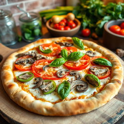 An inviting pizza topped with fresh green capsicum (bell pepper), ripe tomatoes, and earthy mushrooms
