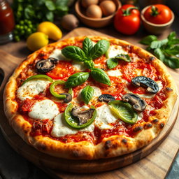 An inviting pizza topped with fresh green capsicum (bell pepper), ripe tomatoes, and earthy mushrooms
