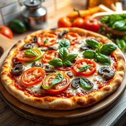 An inviting pizza topped with fresh green capsicum (bell pepper), ripe tomatoes, and earthy mushrooms