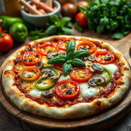 An inviting pizza topped with fresh green capsicum (bell pepper), ripe tomatoes, and earthy mushrooms