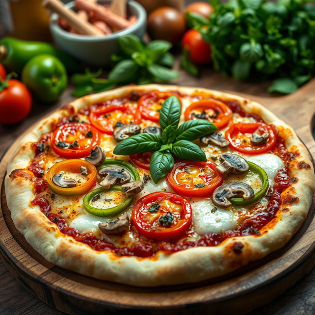 An inviting pizza topped with fresh green capsicum (bell pepper), ripe tomatoes, and earthy mushrooms