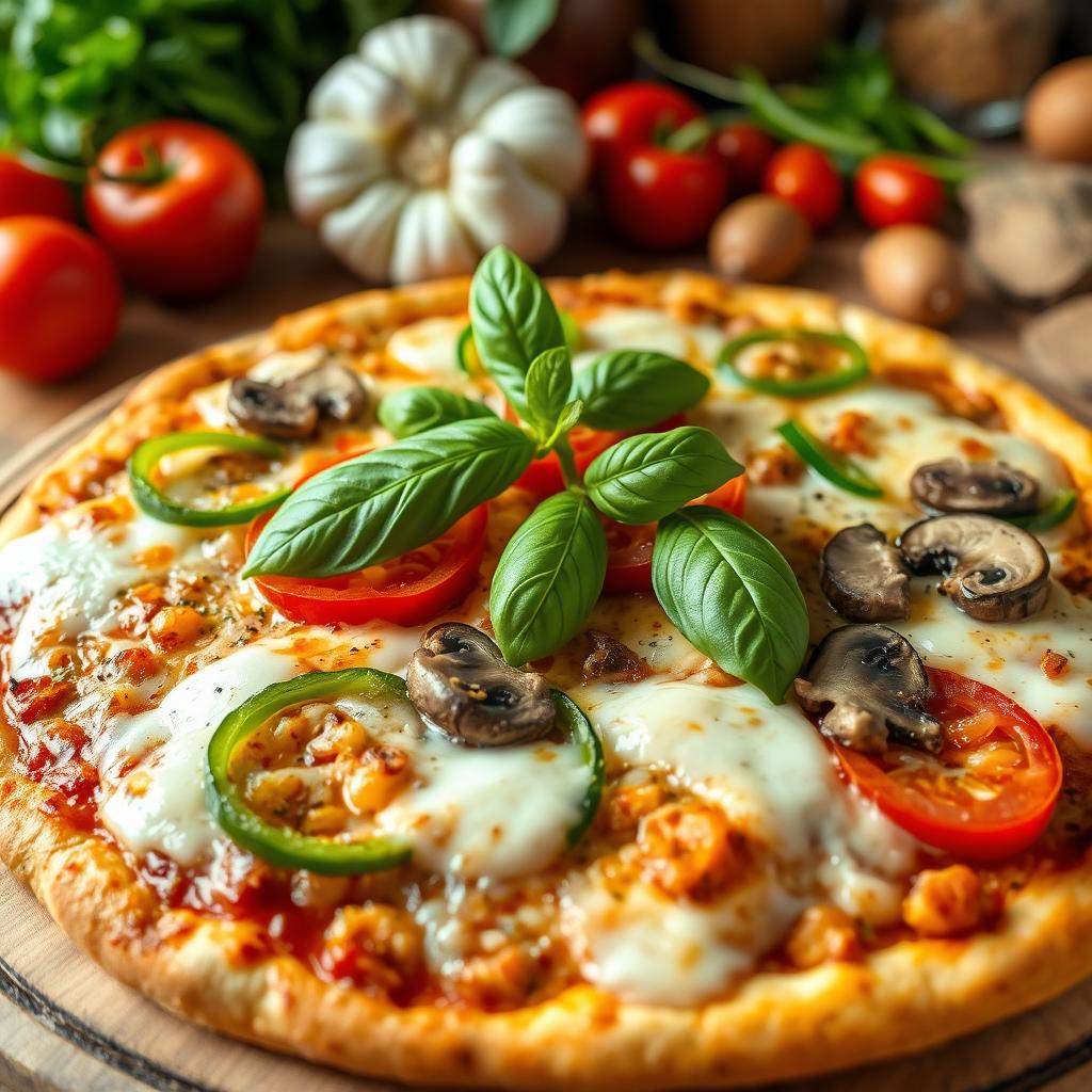 A mouthwatering pizza adorned with fresh green capsicum (bell pepper), ripe tomatoes, and earthy mushrooms