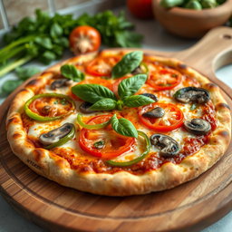 A mouthwatering pizza adorned with fresh green capsicum (bell pepper), ripe tomatoes, and earthy mushrooms