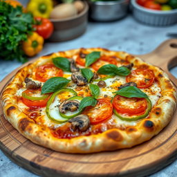 A mouthwatering pizza adorned with fresh green capsicum (bell pepper), ripe tomatoes, and earthy mushrooms