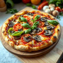 A mouthwatering pizza adorned with fresh green capsicum (bell pepper), ripe tomatoes, and earthy mushrooms