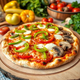 An appetizing pizza topped with a colorful array of green capsicum (bell pepper), succulent tomatoes, and fresh mushrooms