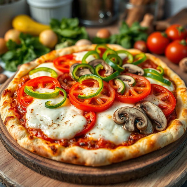 An appetizing pizza topped with a colorful array of green capsicum (bell pepper), succulent tomatoes, and fresh mushrooms