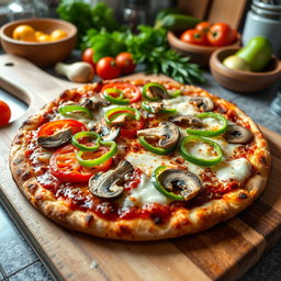 An appetizing pizza topped with a colorful array of green capsicum (bell pepper), succulent tomatoes, and fresh mushrooms