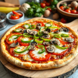 An appetizing pizza topped with a colorful array of green capsicum (bell pepper), succulent tomatoes, and fresh mushrooms