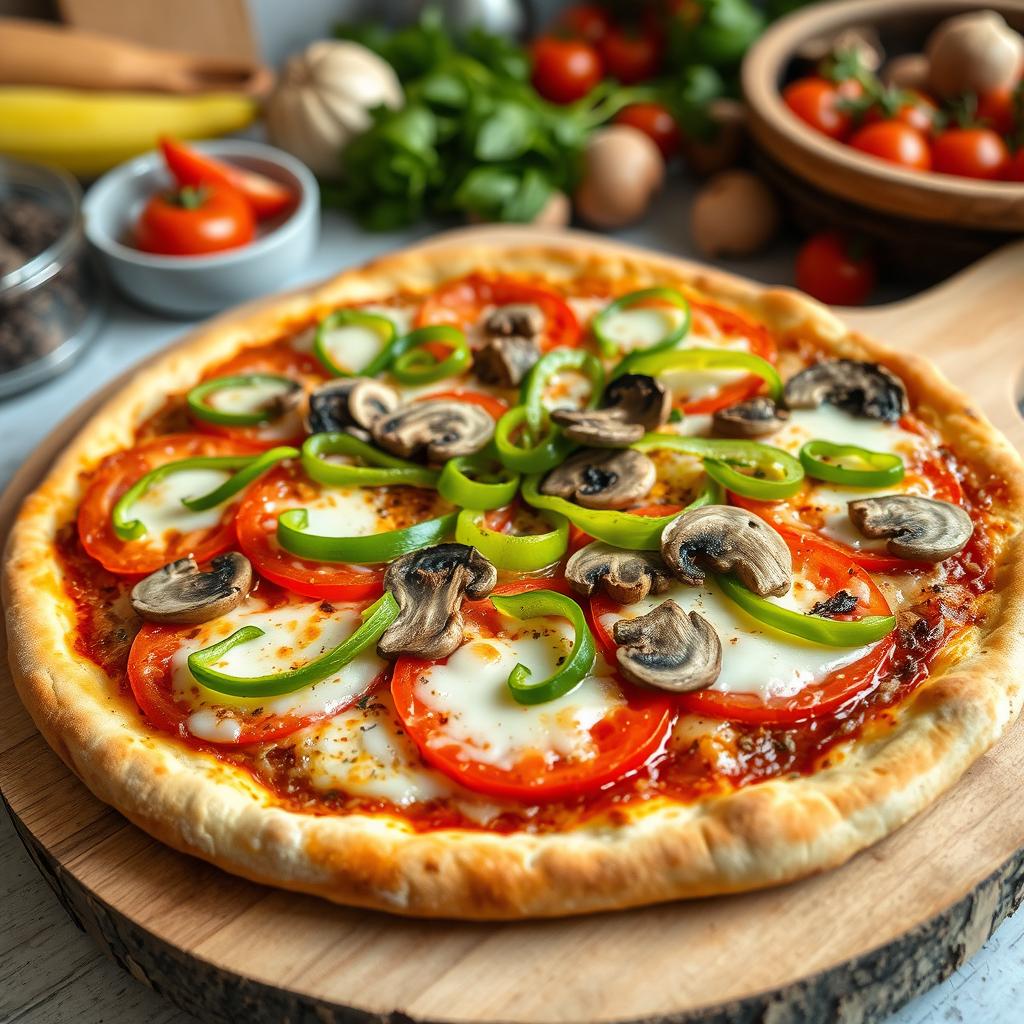 An appetizing pizza topped with a colorful array of green capsicum (bell pepper), succulent tomatoes, and fresh mushrooms