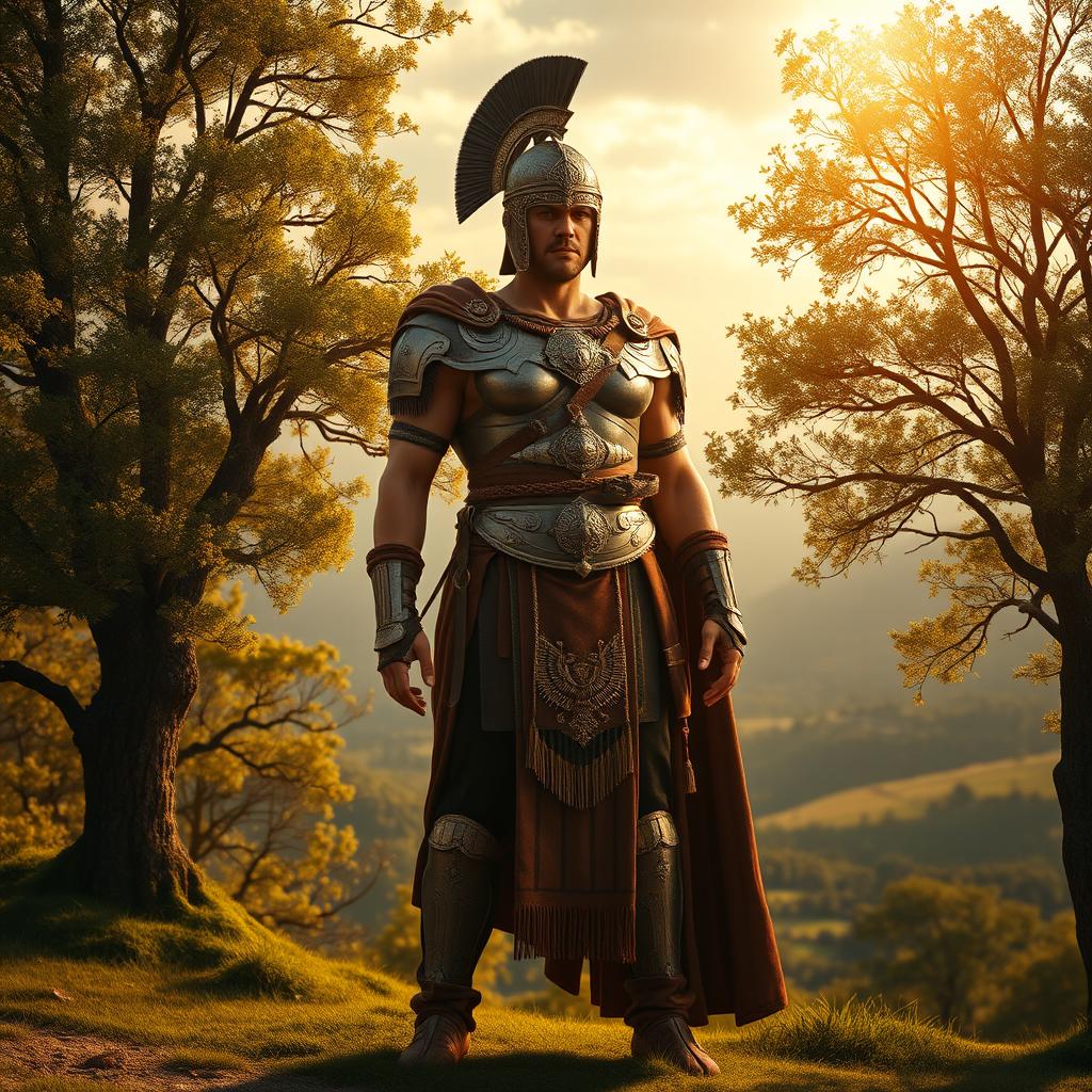 A powerful and majestic figure standing tall, wearing an intricately designed Dacian helmet, stolen from a museum in the Netherlands