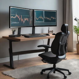 A modern trading setup with multiple monitors displaying graphs and data, a high-end computer, comfortable ergonomic chair, a neat desk with a keyboard and mouse, ambient lighting in a well-lit room.