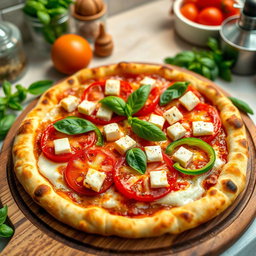 An inviting pizza topped with fresh green capsicum (bell pepper), ripe tomatoes, and delicious paneer cubes