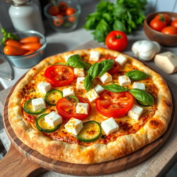 An inviting pizza topped with fresh green capsicum (bell pepper), ripe tomatoes, and delicious paneer cubes