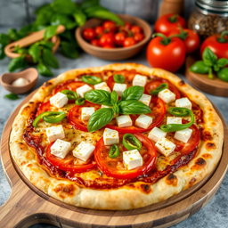 An inviting pizza topped with fresh green capsicum (bell pepper), ripe tomatoes, and delicious paneer cubes