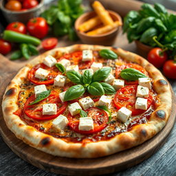 An inviting pizza topped with fresh green capsicum (bell pepper), ripe tomatoes, and delicious paneer cubes