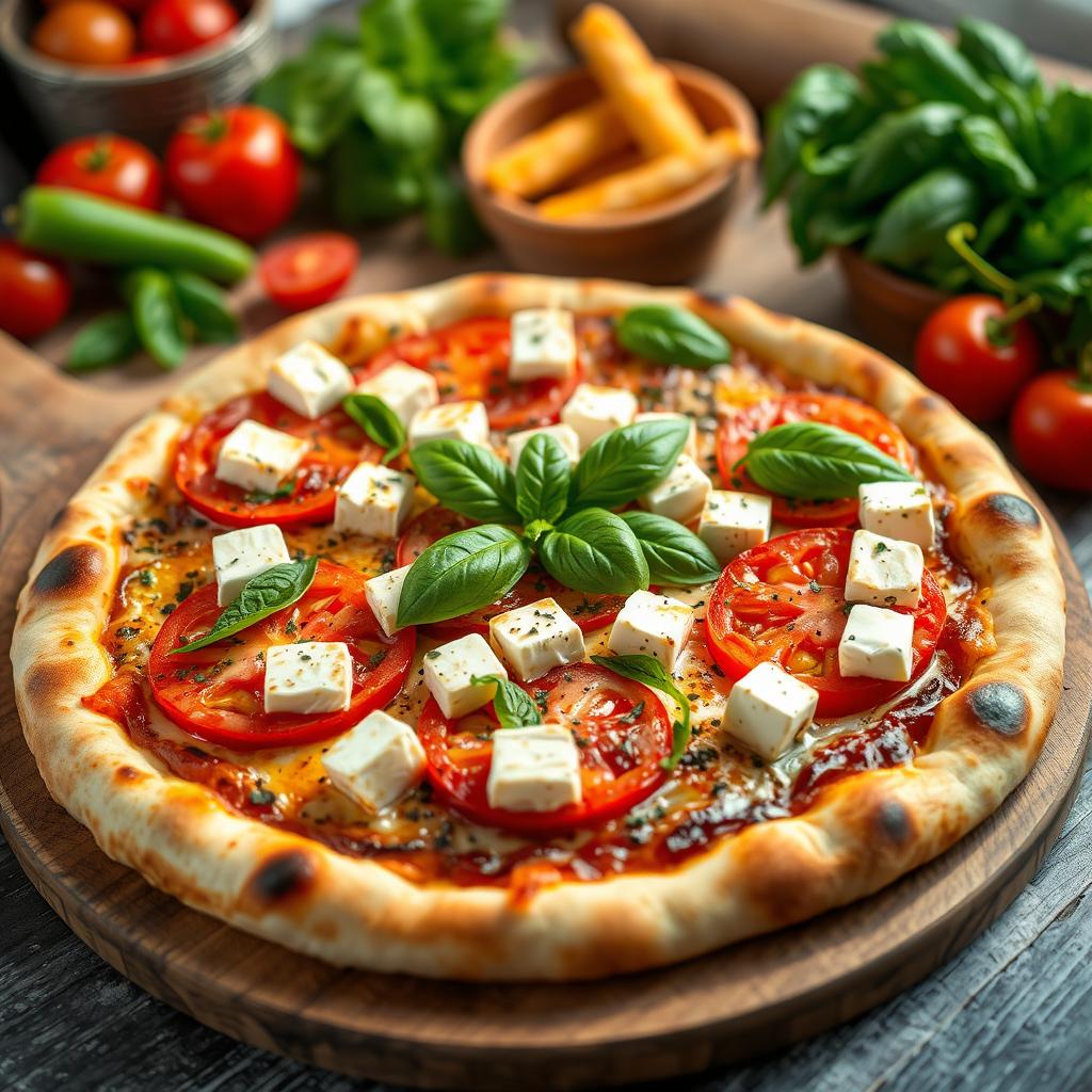 An inviting pizza topped with fresh green capsicum (bell pepper), ripe tomatoes, and delicious paneer cubes