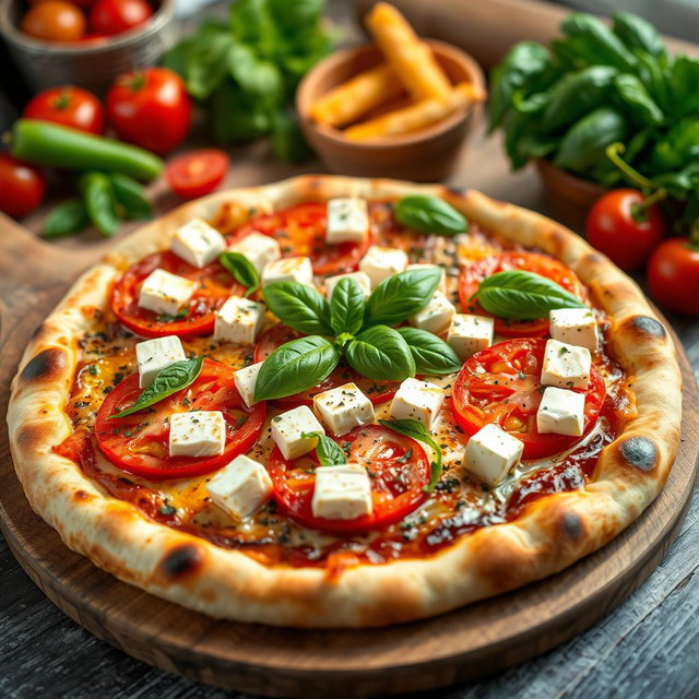 An inviting pizza topped with fresh green capsicum (bell pepper), ripe tomatoes, and delicious paneer cubes
