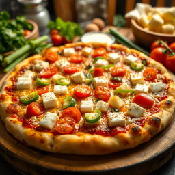 A delectable pizza featuring soft, creamy paneer cubes, crunchy green capsicum (bell pepper), and juicy red tomatoes, all melting together under a generous layer of gooey, bubbly mozzarella cheese