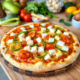 A delectable pizza featuring soft, creamy paneer cubes, crunchy green capsicum (bell pepper), and juicy red tomatoes, all melting together under a generous layer of gooey, bubbly mozzarella cheese