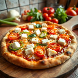 A delectable pizza featuring soft, creamy paneer cubes, crunchy green capsicum (bell pepper), and juicy red tomatoes, all melting together under a generous layer of gooey, bubbly mozzarella cheese