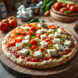 A delectable pizza featuring soft, creamy paneer cubes, crunchy green capsicum (bell pepper), and juicy red tomatoes, all melting together under a generous layer of gooey, bubbly mozzarella cheese