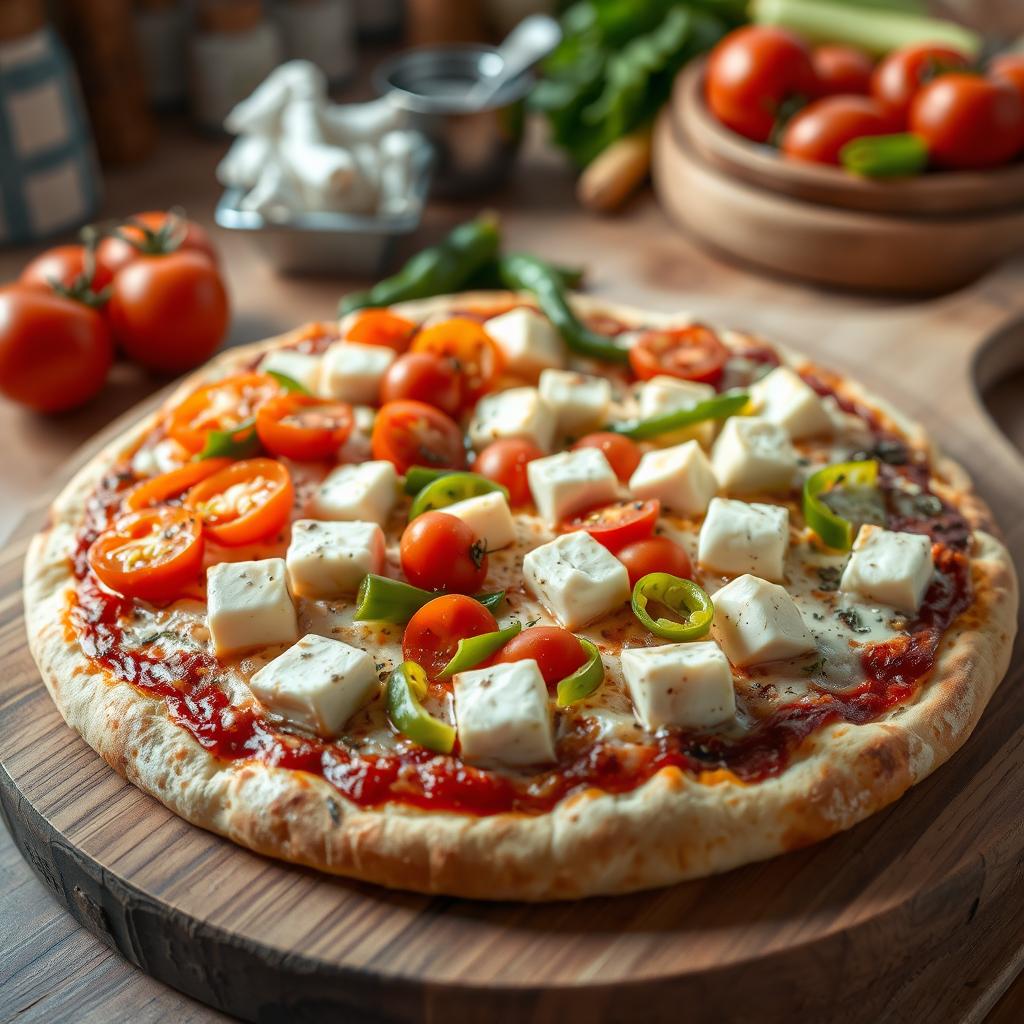 A delectable pizza featuring soft, creamy paneer cubes, crunchy green capsicum (bell pepper), and juicy red tomatoes, all melting together under a generous layer of gooey, bubbly mozzarella cheese