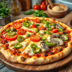 A highly realistic pizza featuring a vibrant assortment of fresh toppings: crunchy green capsicum (bell pepper), juicy red tomatoes, and tender mushrooms