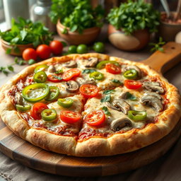 A highly realistic pizza featuring a vibrant assortment of fresh toppings: crunchy green capsicum (bell pepper), juicy red tomatoes, and tender mushrooms