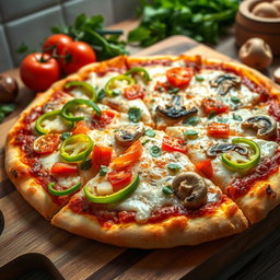 A highly realistic pizza featuring a vibrant assortment of fresh toppings: crunchy green capsicum (bell pepper), juicy red tomatoes, and tender mushrooms