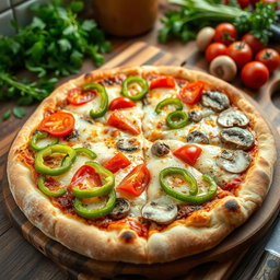 A highly realistic pizza featuring a vibrant assortment of fresh toppings: crunchy green capsicum (bell pepper), juicy red tomatoes, and tender mushrooms
