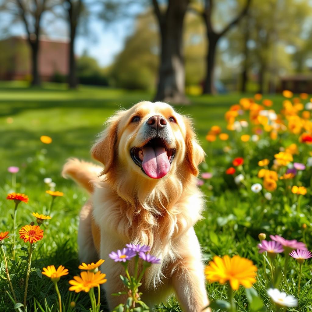 A happy golden retriever dog playing in a sunlit green park, with its tongue hanging out and a playful expression, surrounded by colorful flowers blooming around it, in a vibrant and joyful atmosphere