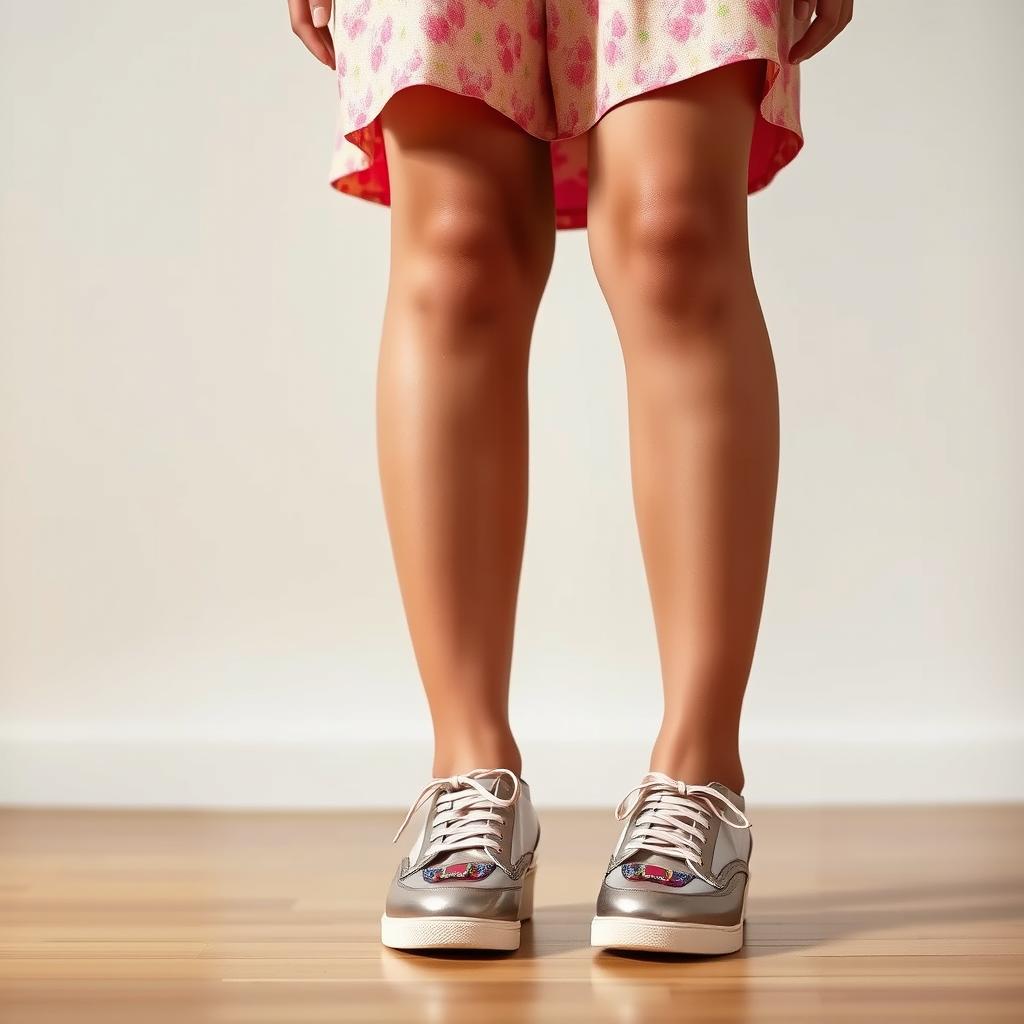 A close-up view of a girl's leg adorned with stylish shoes, standing confidently in front of the viewer