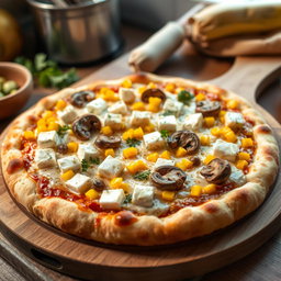 A mouthwatering pizza adorned with soft, creamy paneer cubes, tender mushrooms, and sweet yellow corn kernels