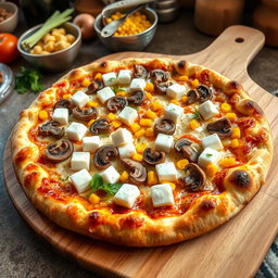 A mouthwatering pizza adorned with soft, creamy paneer cubes, tender mushrooms, and sweet yellow corn kernels