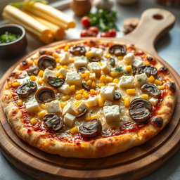 A mouthwatering pizza adorned with soft, creamy paneer cubes, tender mushrooms, and sweet yellow corn kernels