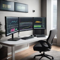 A modern trading setup with multiple monitors displaying graphs and data, a high-end computer, comfortable ergonomic chair, a neat desk with a keyboard and mouse, ambient lighting in a well-lit room.