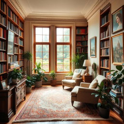 A cozy and warmly lit room that features elegant wooden furniture, soft, plush rugs, and floor-to-ceiling bookshelves filled with colorful books