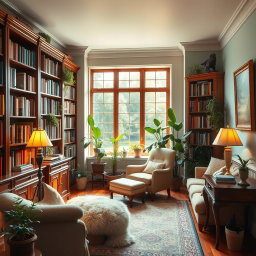 A cozy and warmly lit room that features elegant wooden furniture, soft, plush rugs, and floor-to-ceiling bookshelves filled with colorful books