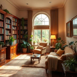 A cozy and warmly lit room that features elegant wooden furniture, soft, plush rugs, and floor-to-ceiling bookshelves filled with colorful books