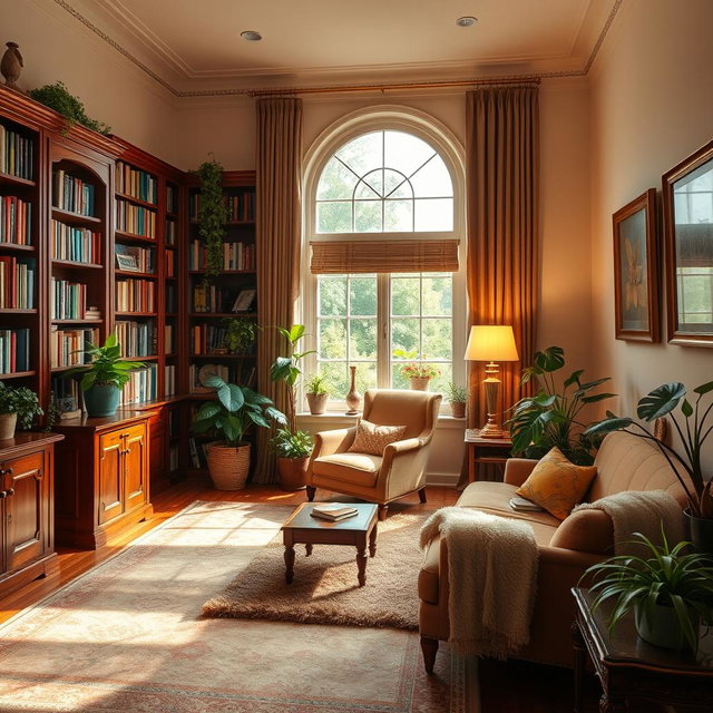 A cozy and warmly lit room that features elegant wooden furniture, soft, plush rugs, and floor-to-ceiling bookshelves filled with colorful books