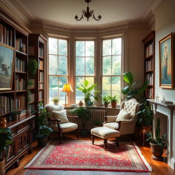 A cozy and warmly lit room that features elegant wooden furniture, soft, plush rugs, and floor-to-ceiling bookshelves filled with colorful books